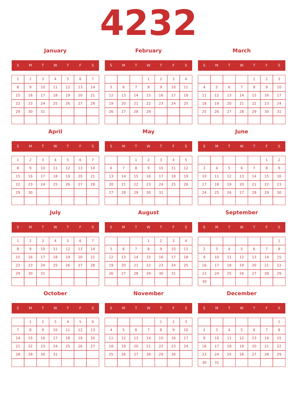 Printable 4232 Year Calendars red