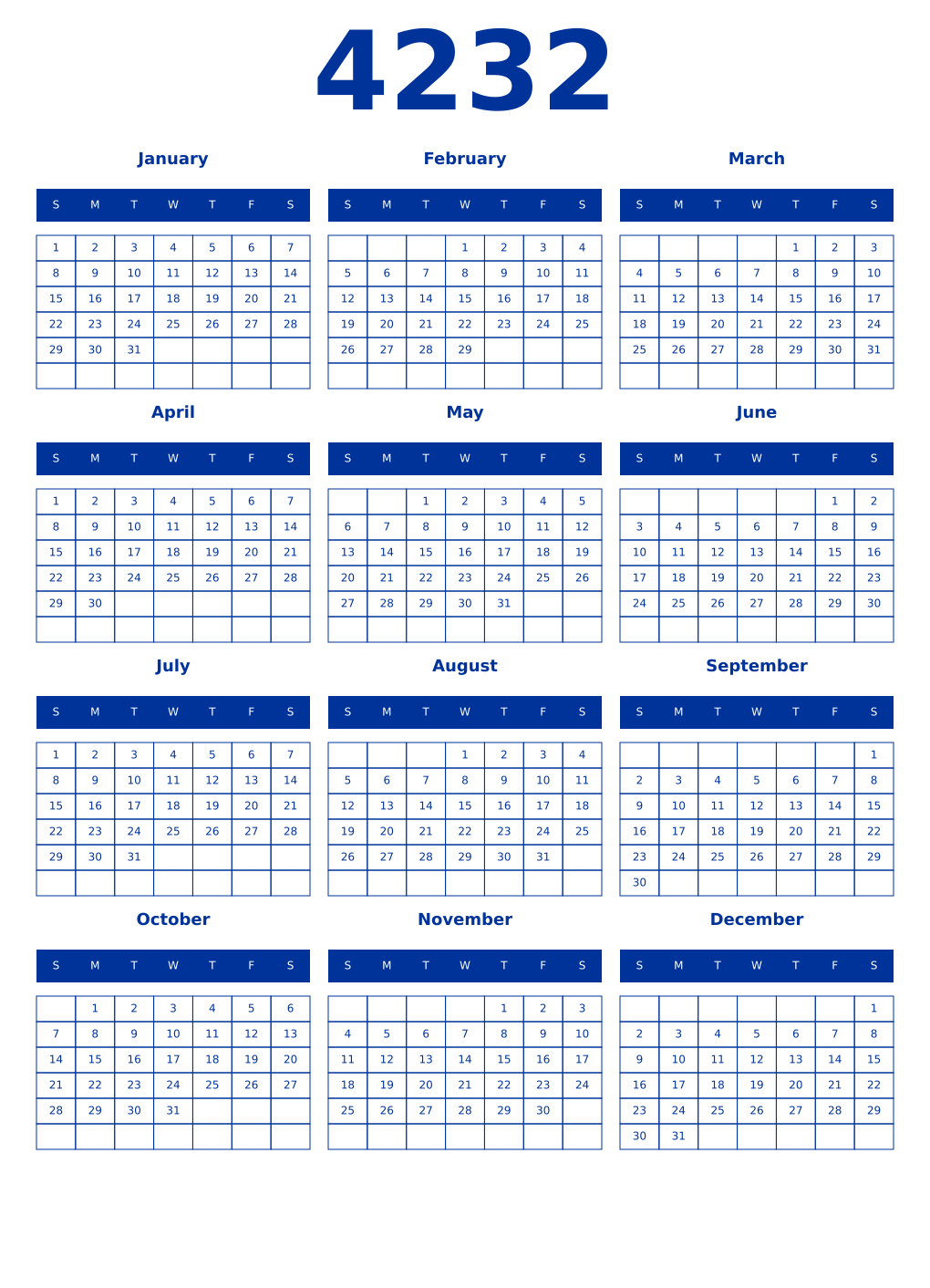 Printable 4232 Year Calendars smalt