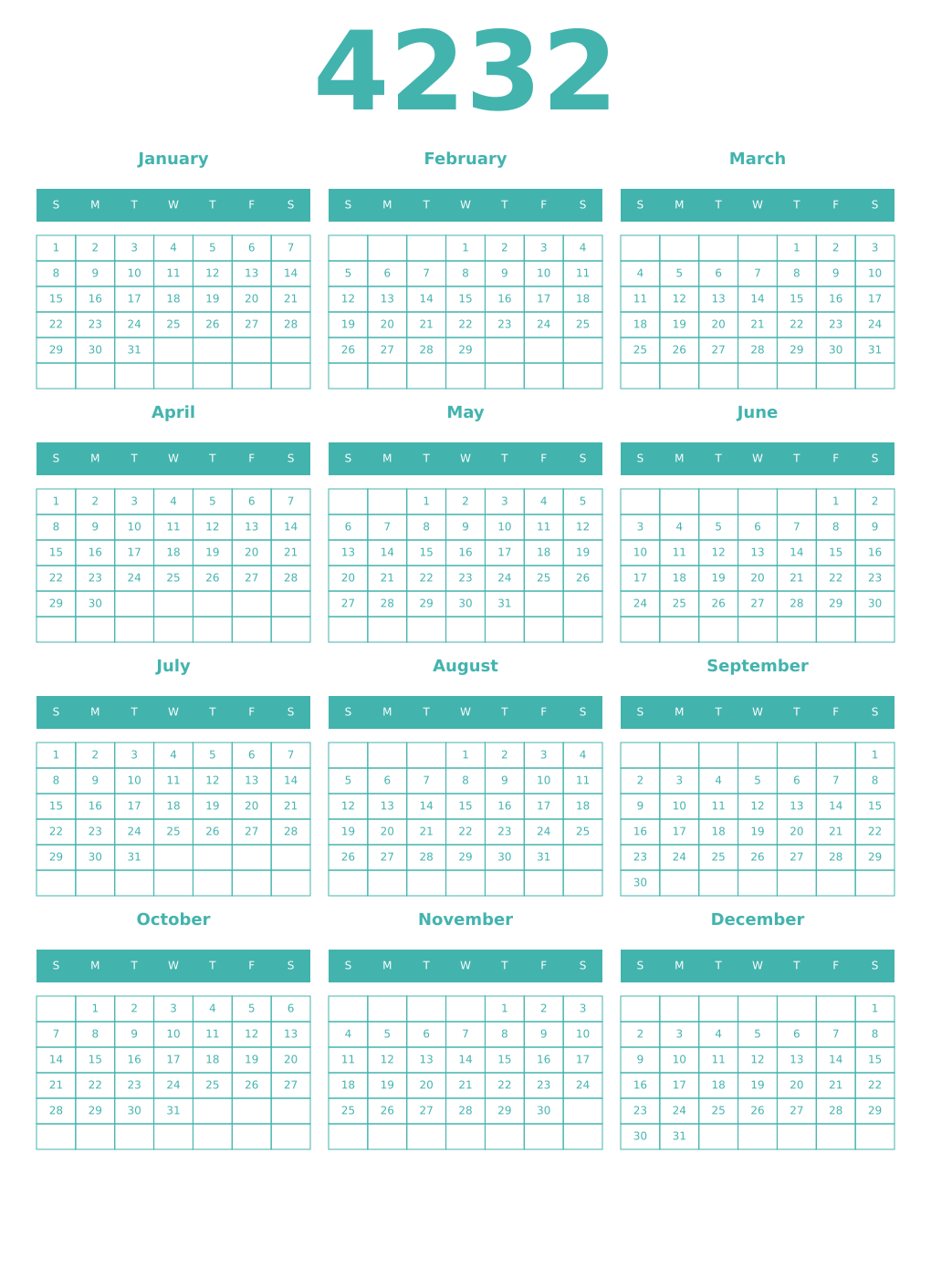 Printable 4232 Year Calendars verdigris