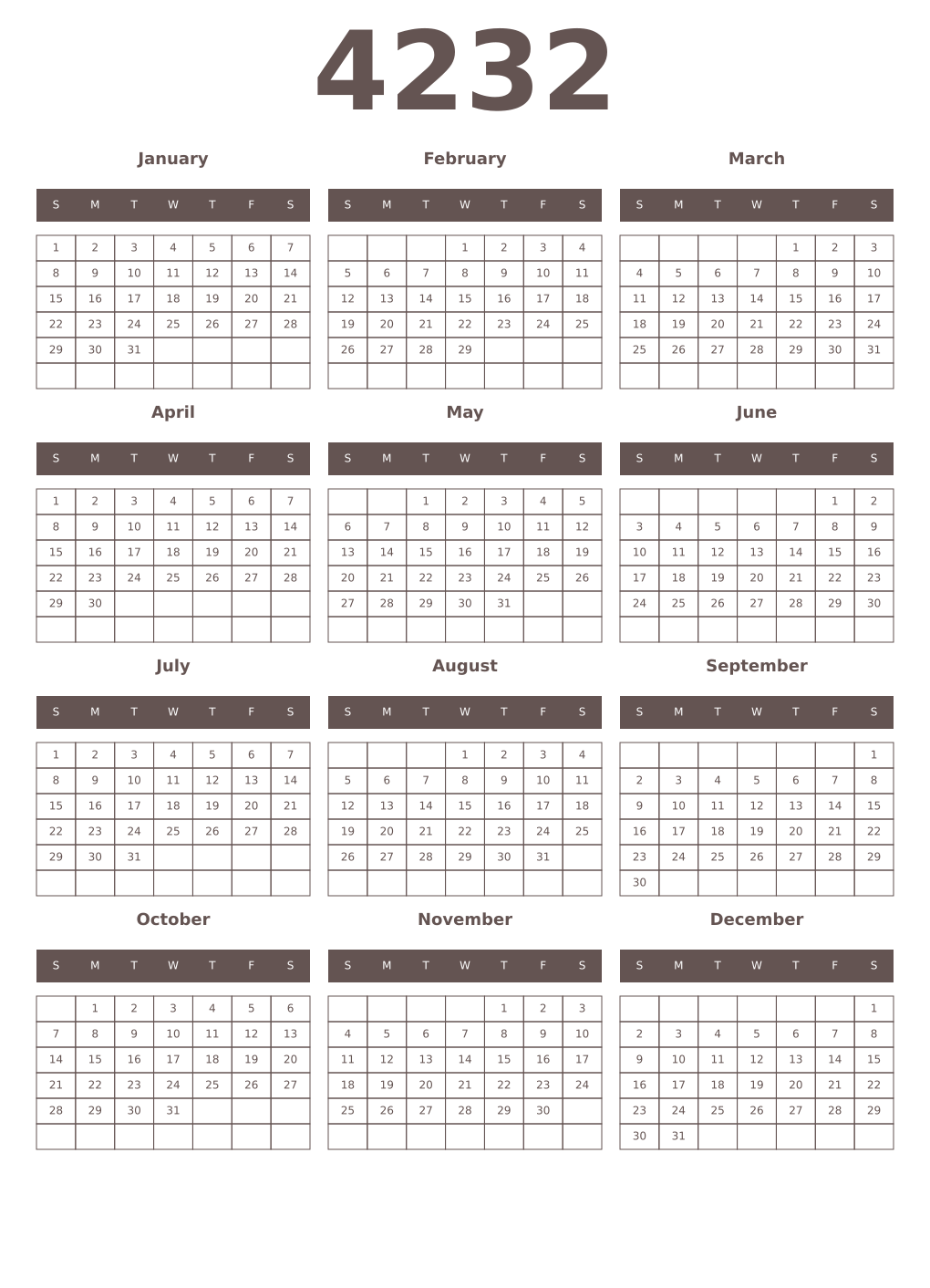 Printable 4232 Year Calendars wenge