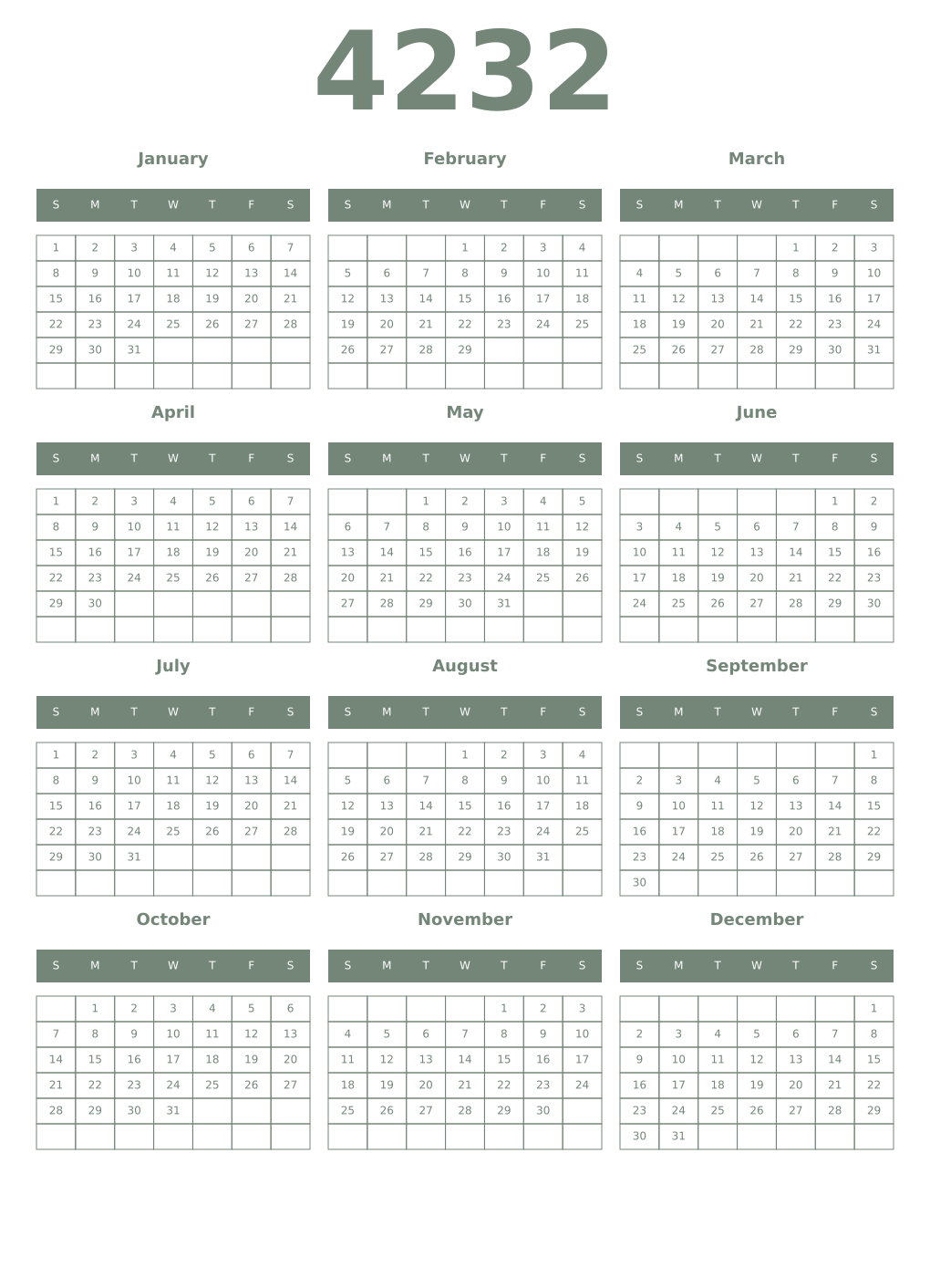 Printable 4232 Year Calendars xanadu