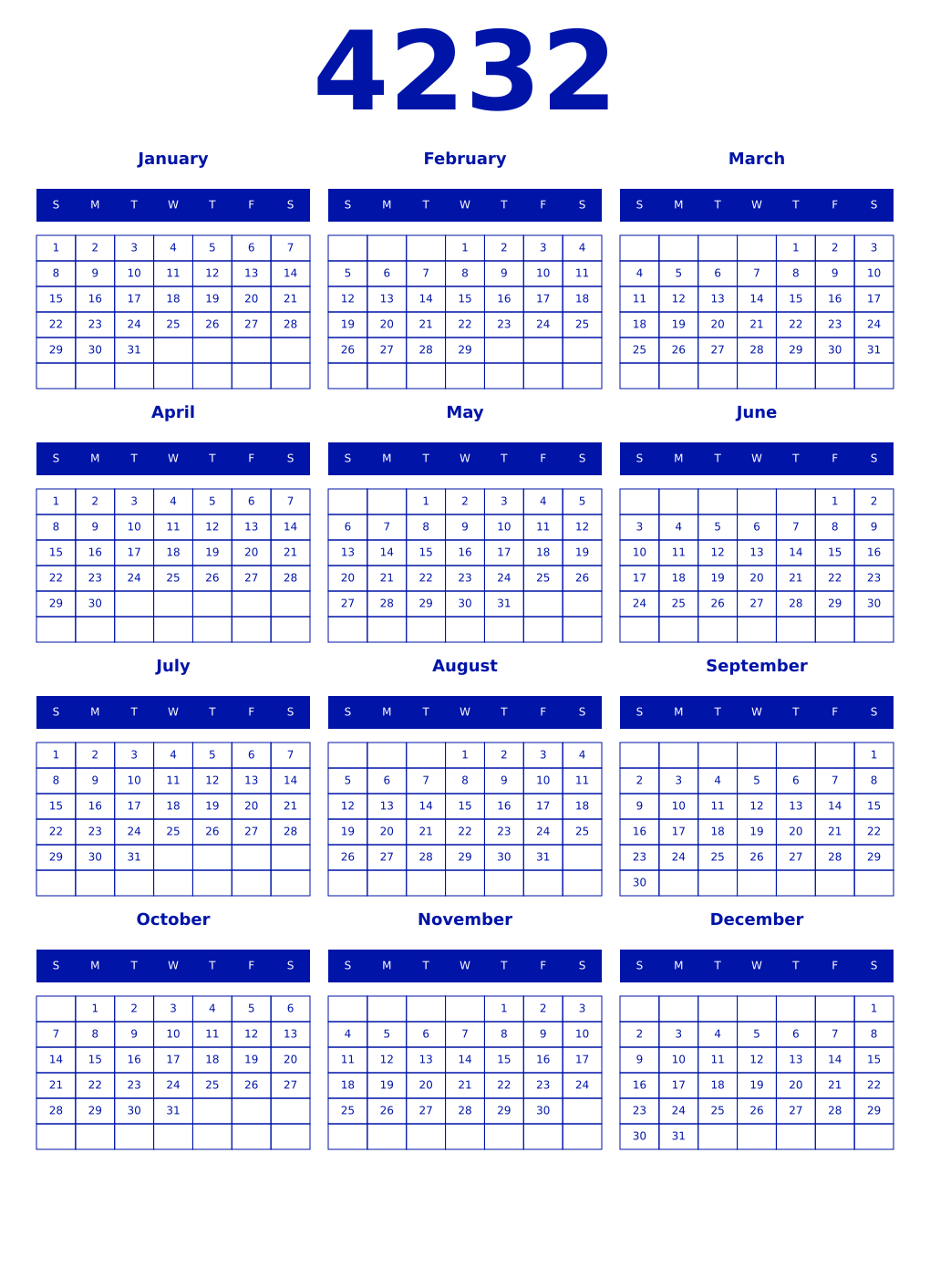 Printable 4232 Year Calendars zaffre