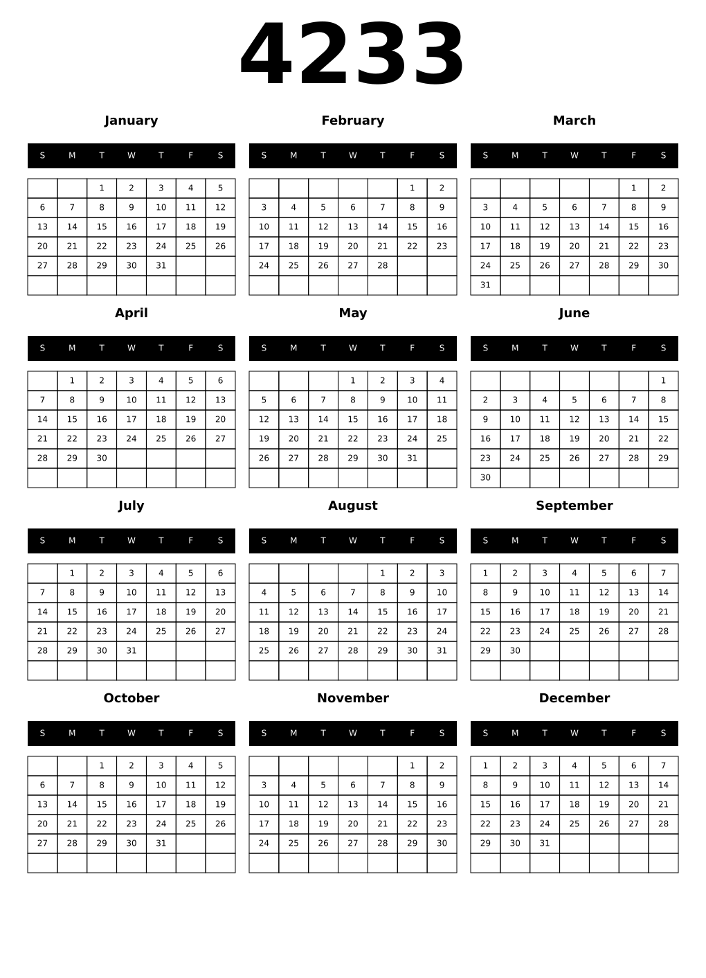 Printable 4233 Year Calendars black
