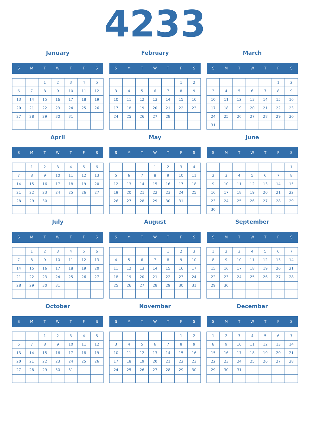 Printable 4233 Year Calendars blue