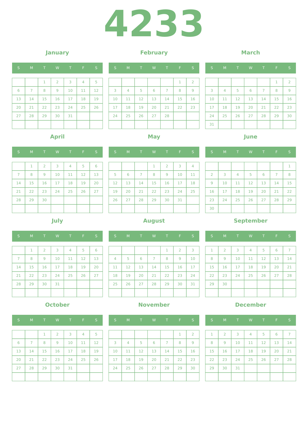 Printable 4233 Year Calendars celadon