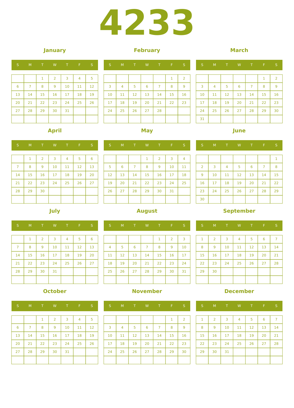 Printable 4233 Year Calendars chartreuse