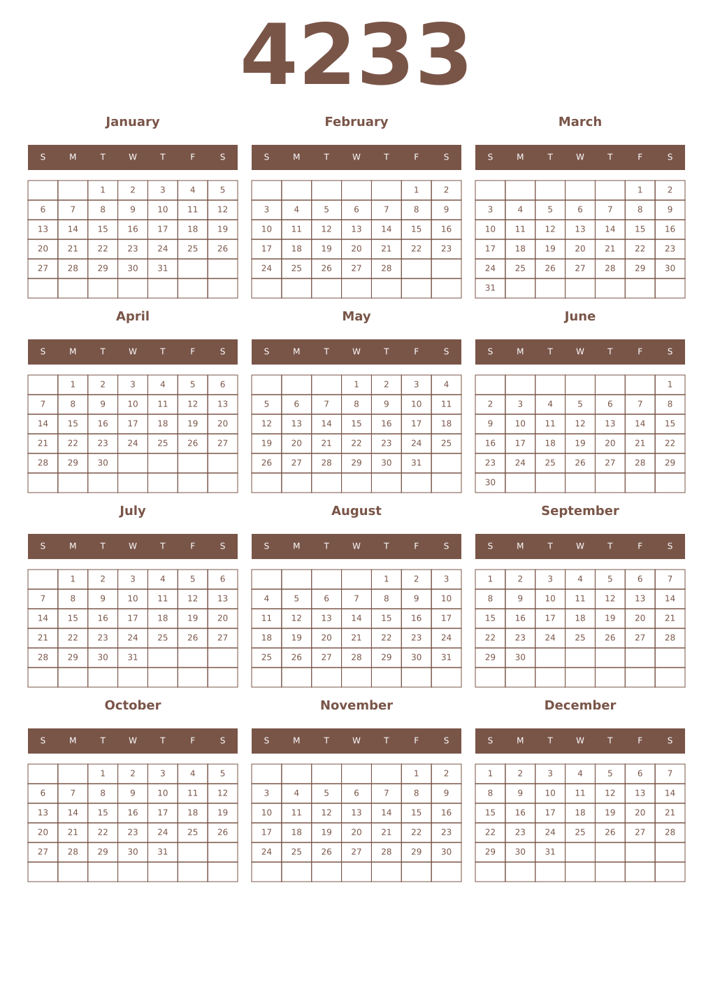 Printable 4233 Year Calendars coffe