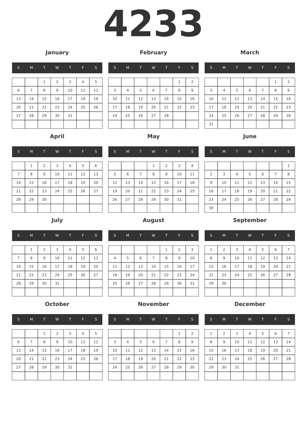 Printable 4233 Year Calendars dark