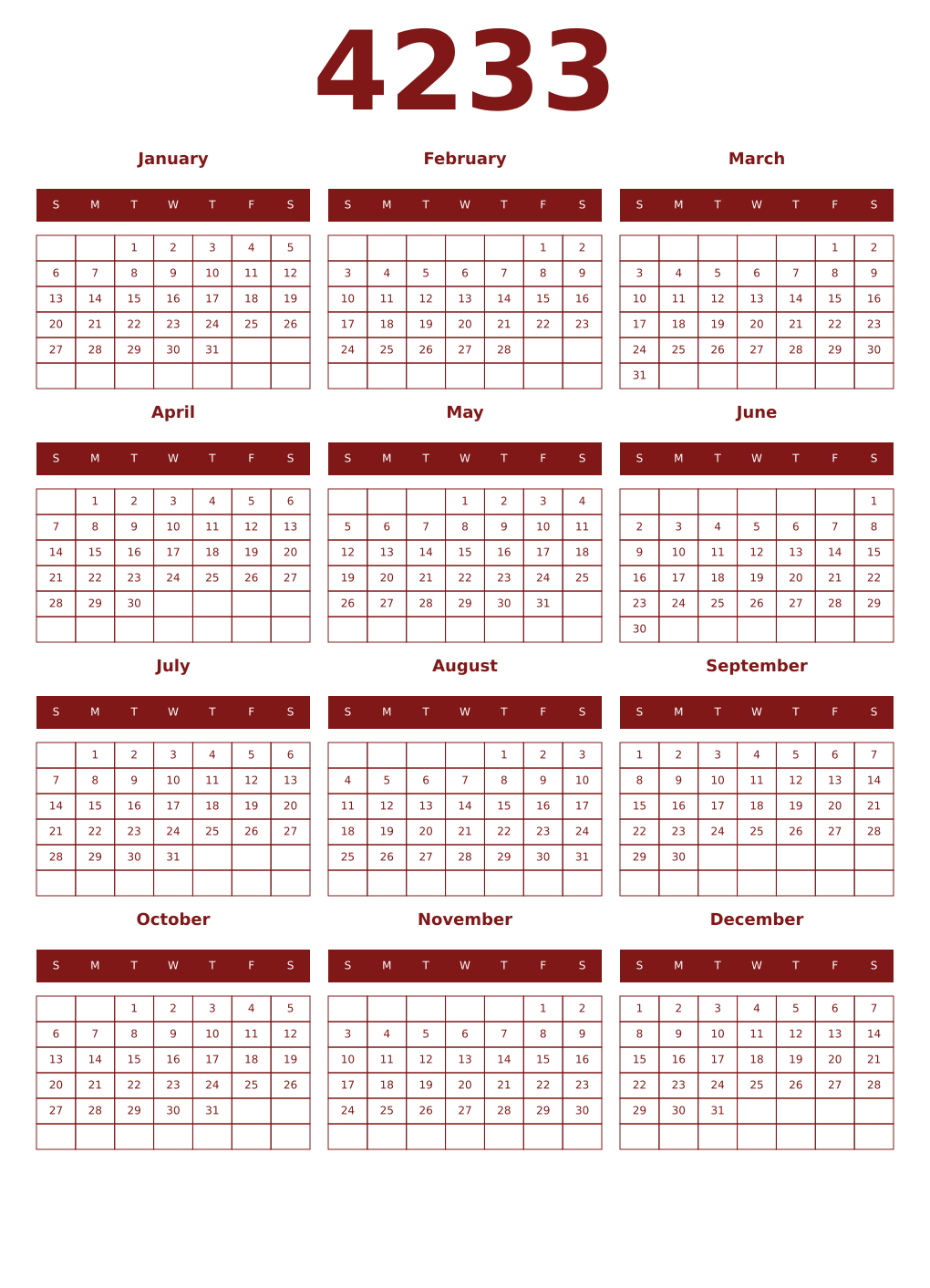 Printable 4233 Year Calendars falu
