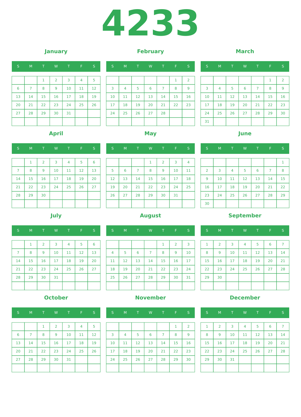 Printable 4233 Year Calendars green