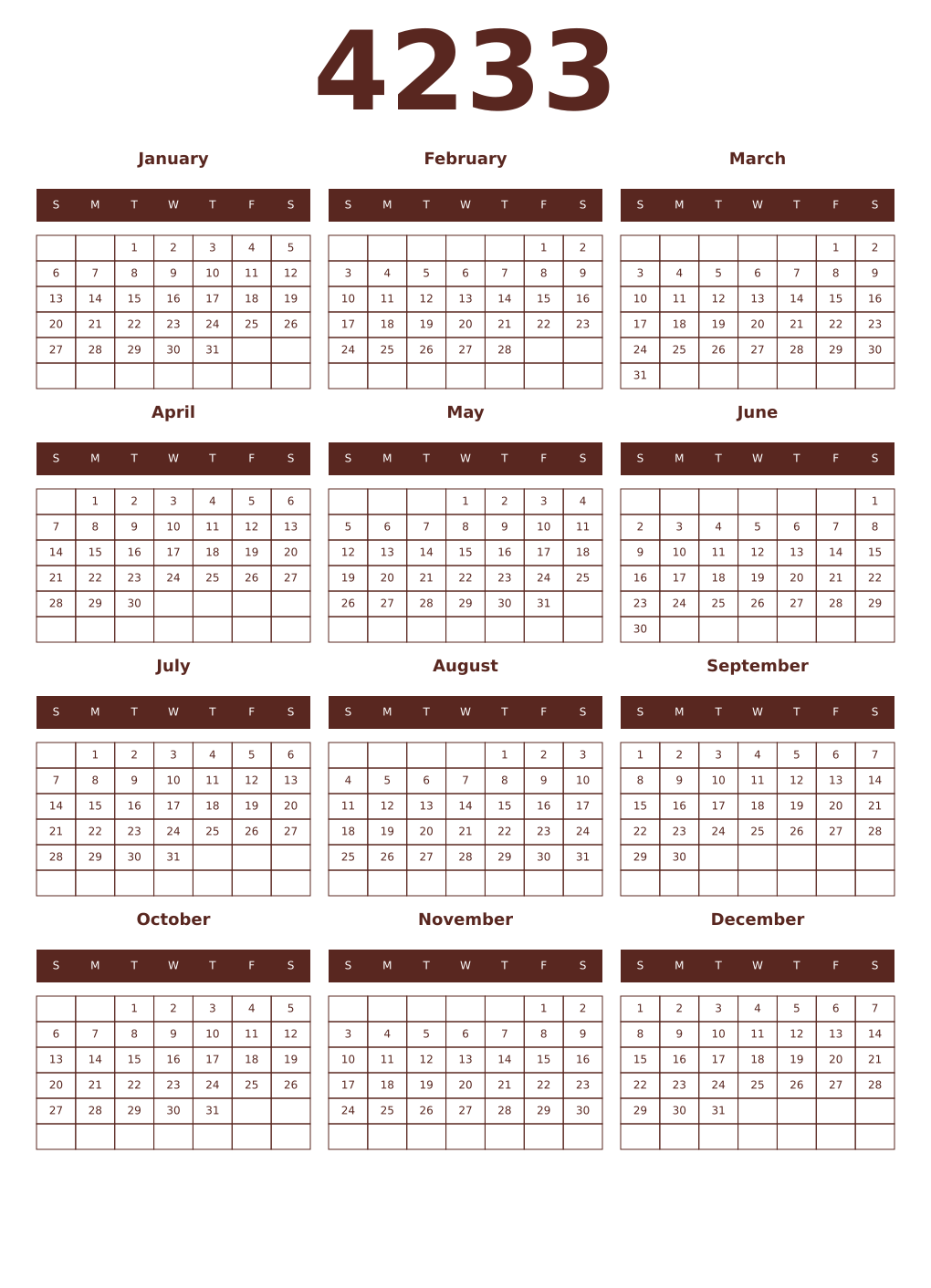 Printable 4233 Year Calendars mortuum