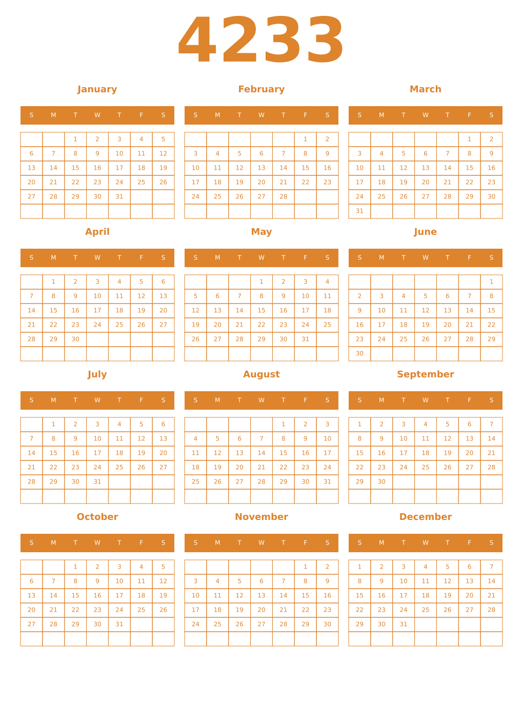 Printable 4233 Year Calendars orange