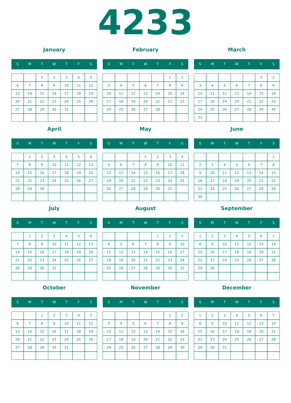 Printable 4233 Year Calendars pastel