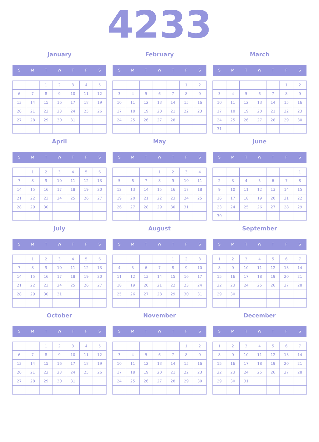 Printable 4233 Year Calendars periwinkle