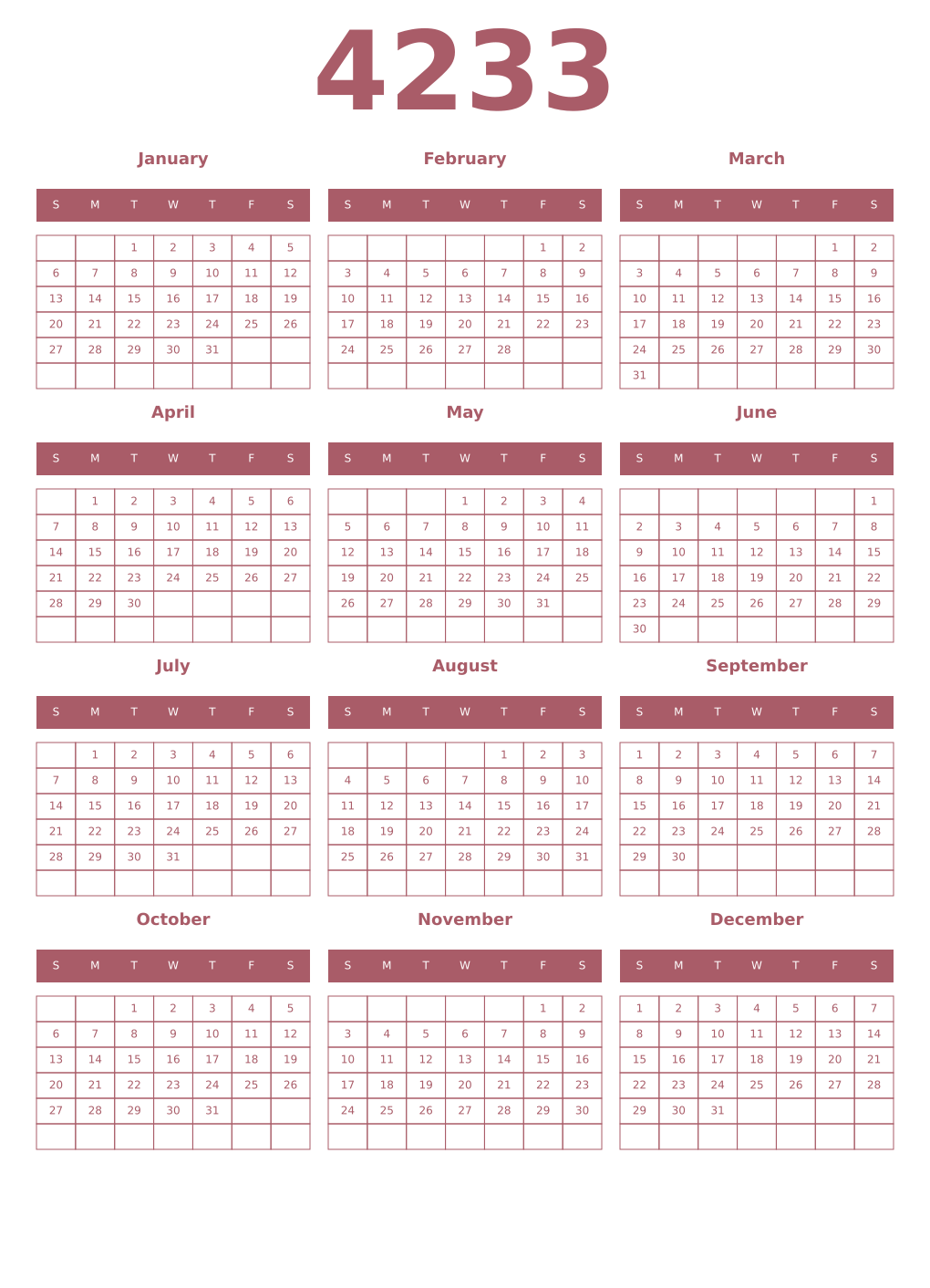 Printable 4233 Year Calendars puce