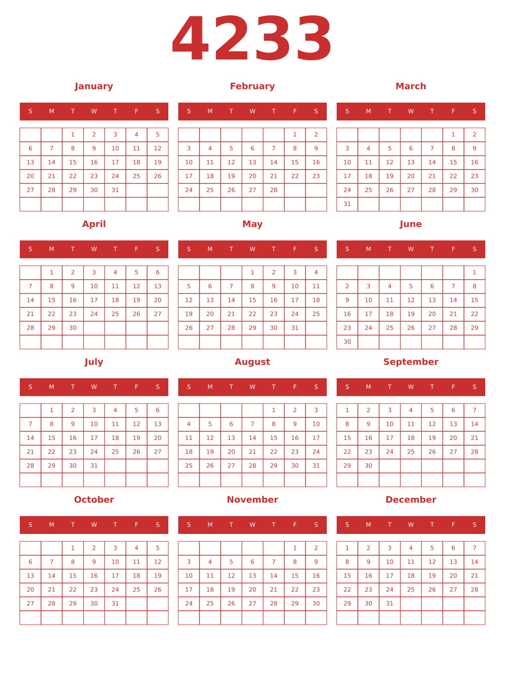 Printable 4233 Year Calendars red