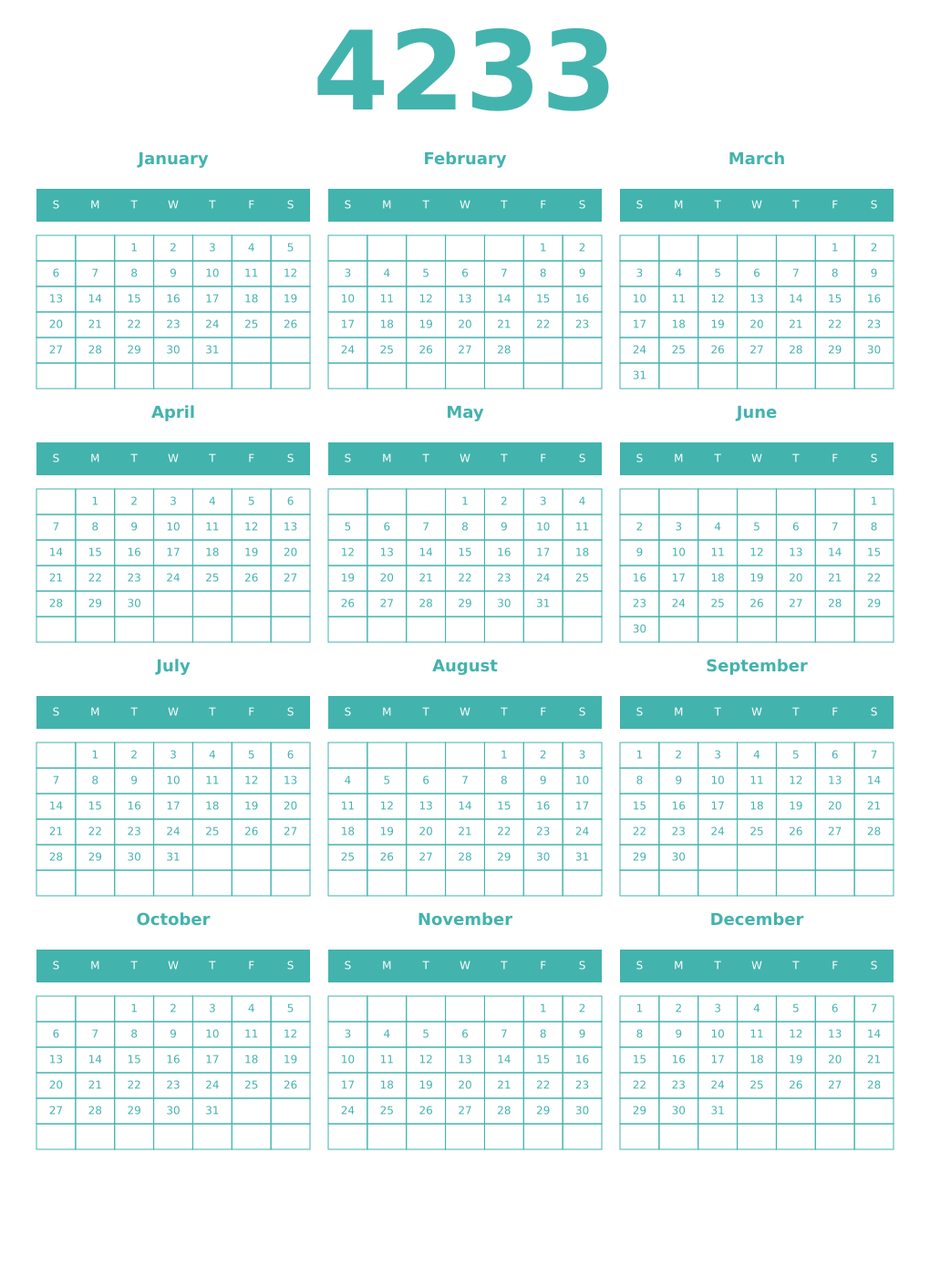 Printable 4233 Year Calendars verdigris