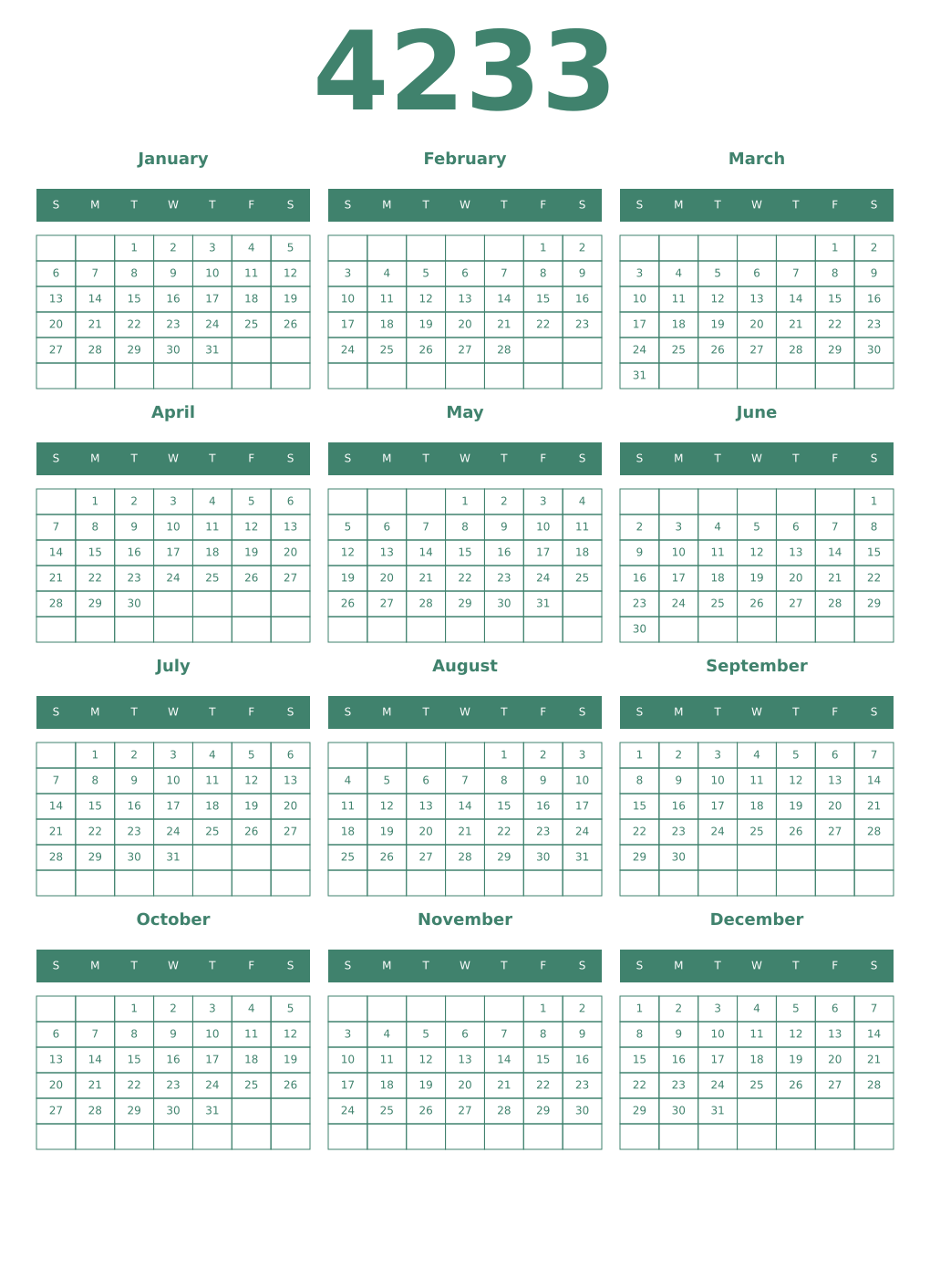 Printable 4233 Year Calendars viridian