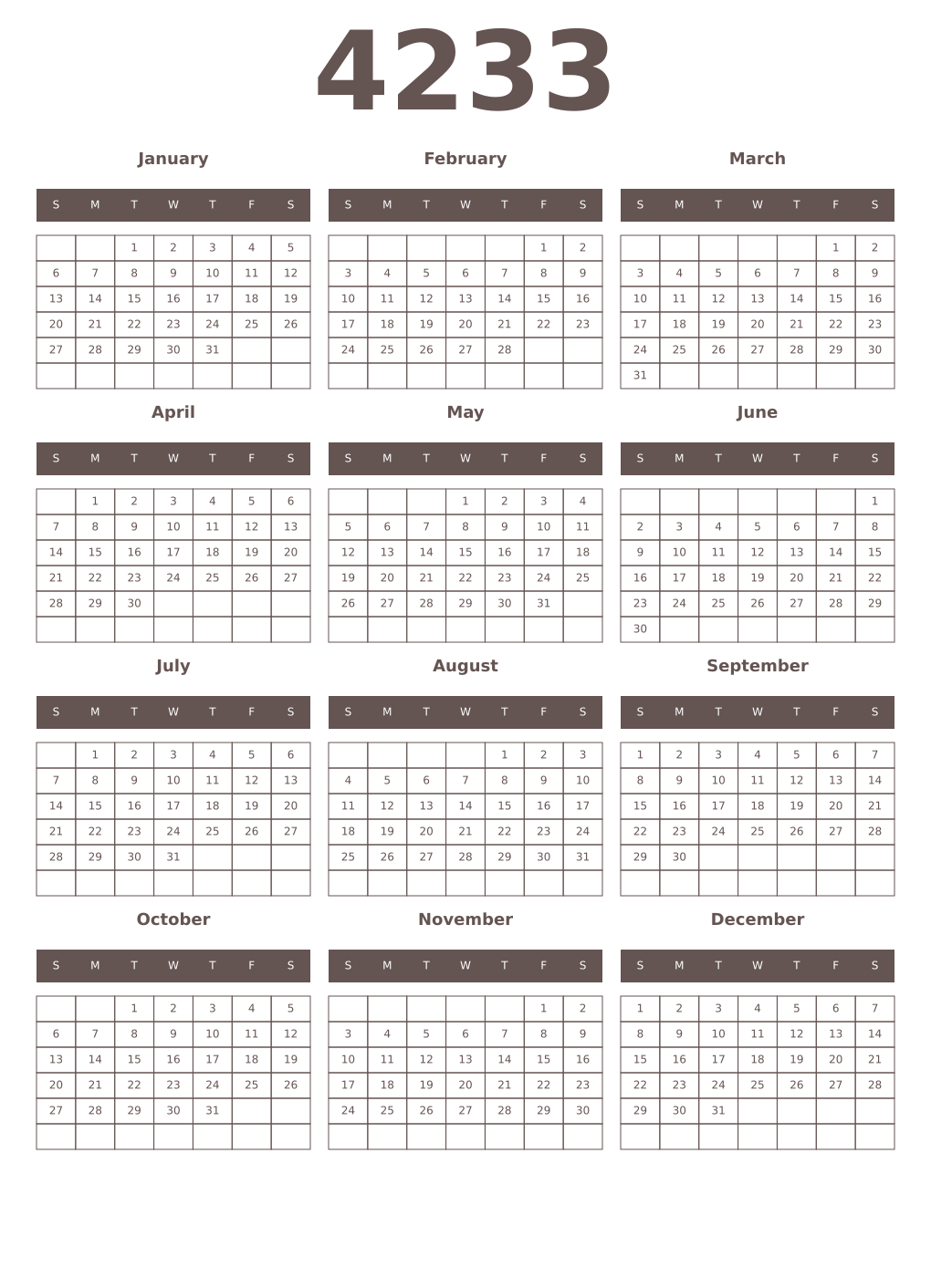 Printable 4233 Year Calendars wenge