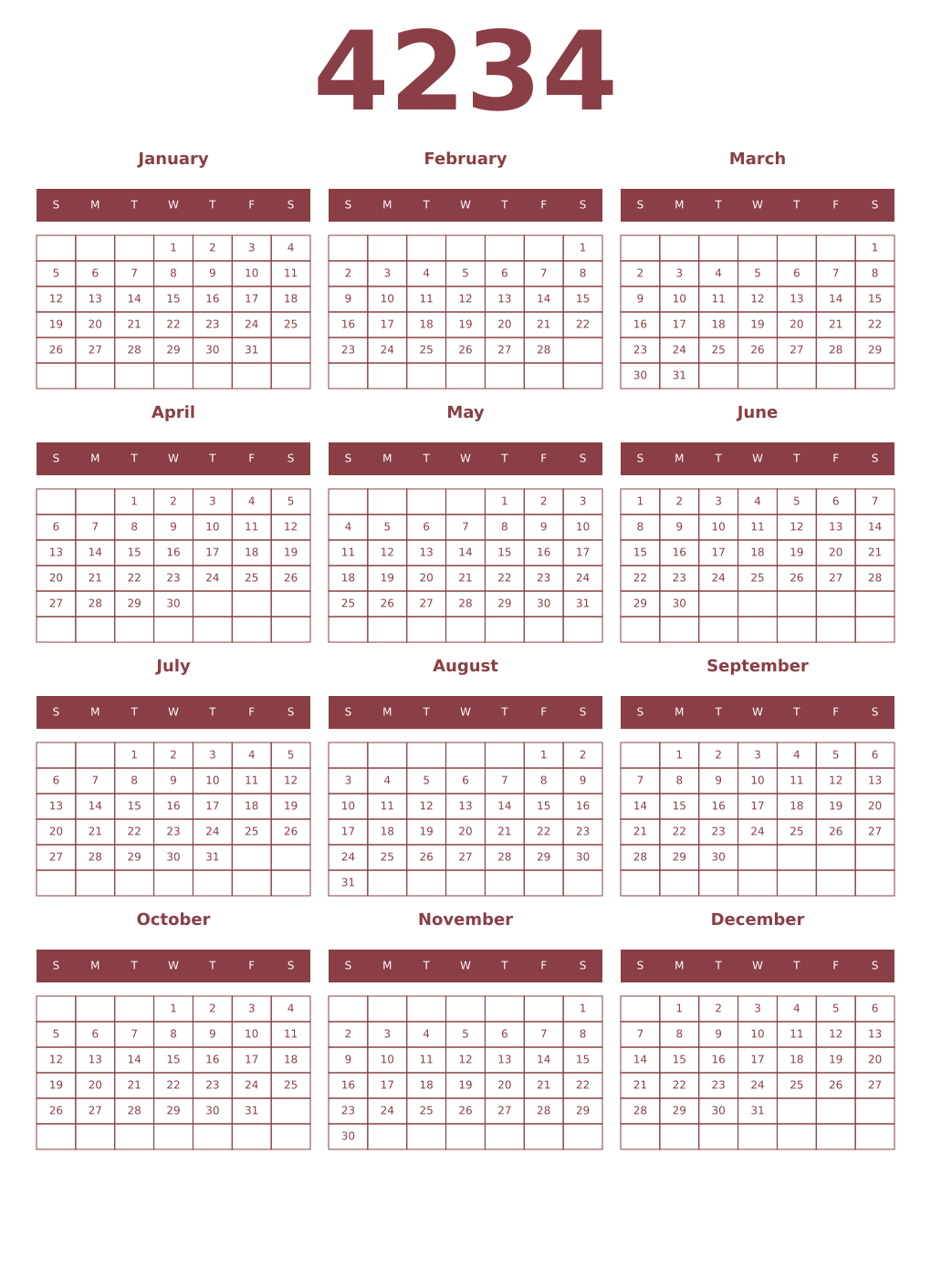 Printable 4234 Year Calendars cordovan