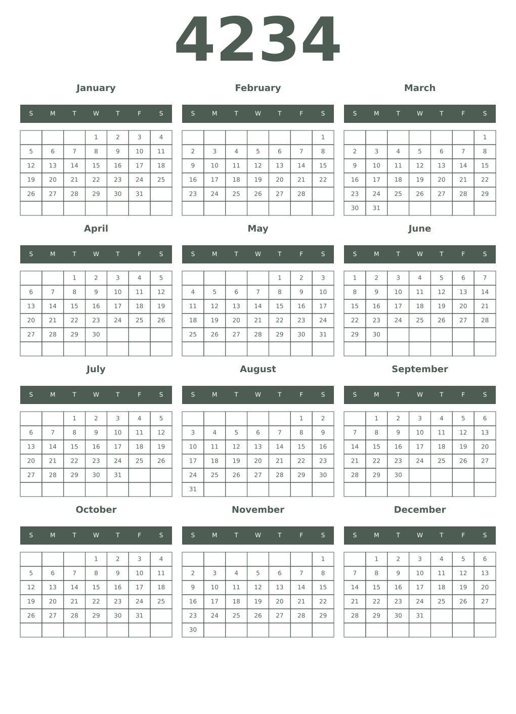 Printable 4234 Year Calendars feldgrau