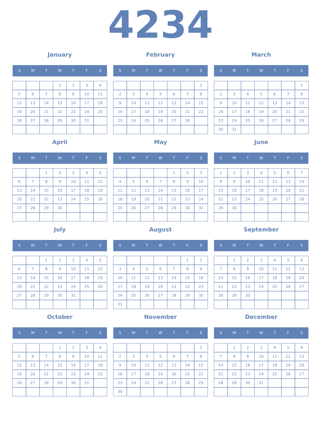Printable 4234 Year Calendars glaucous