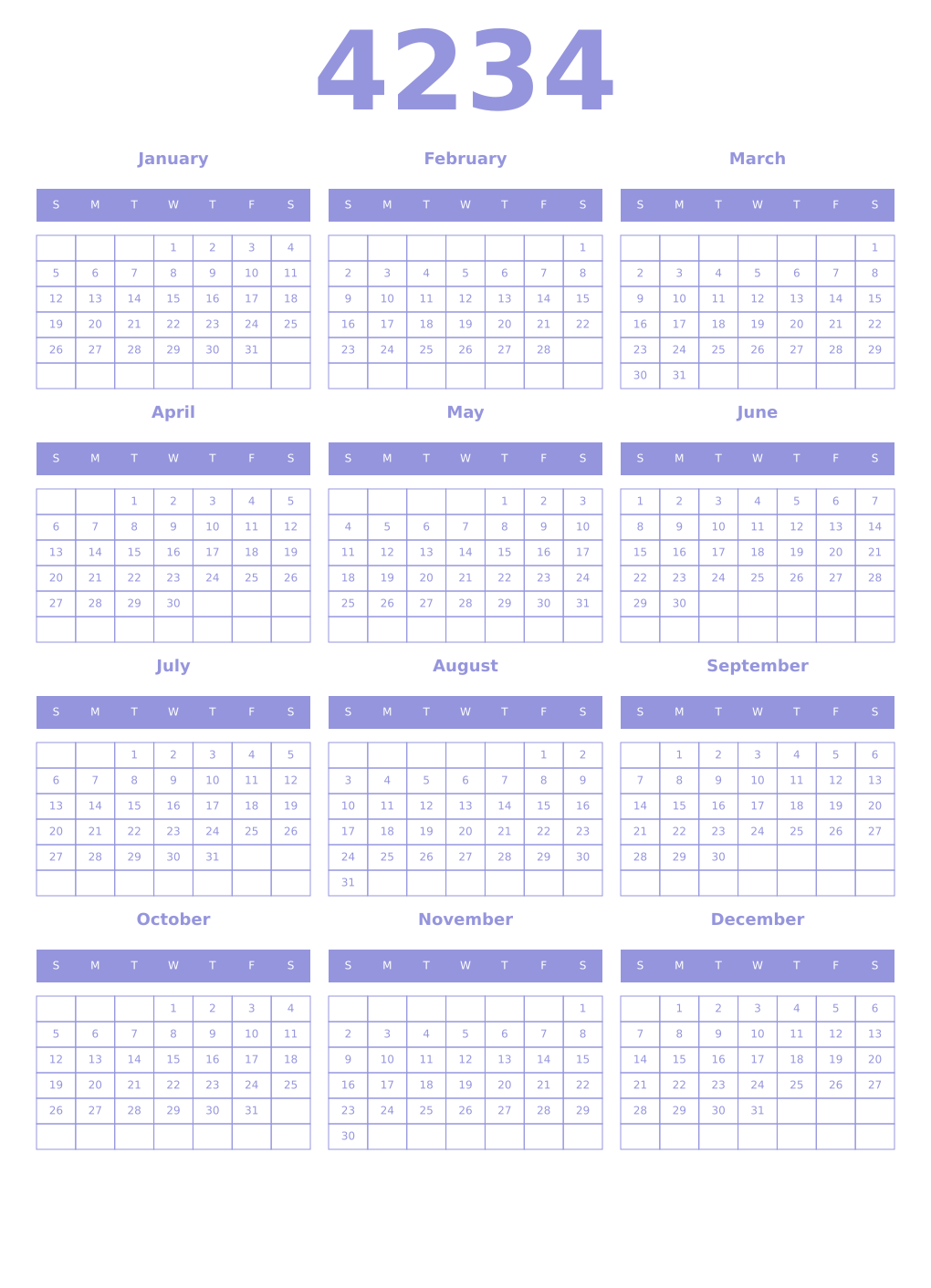 Printable 4234 Year Calendars periwinkle