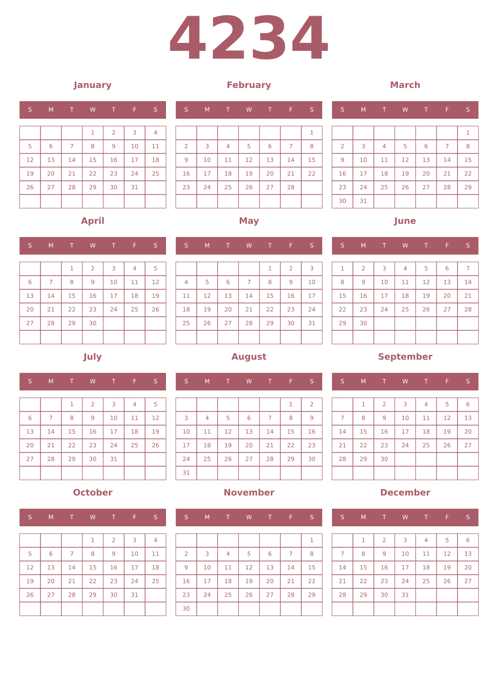 Printable 4234 Year Calendars puce
