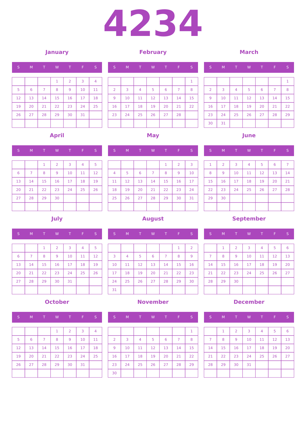 Printable 4234 Year Calendars purple