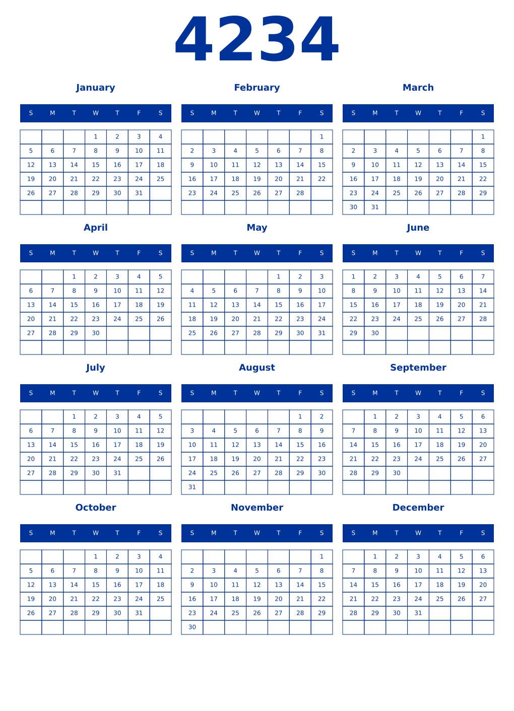Printable 4234 Year Calendars smalt