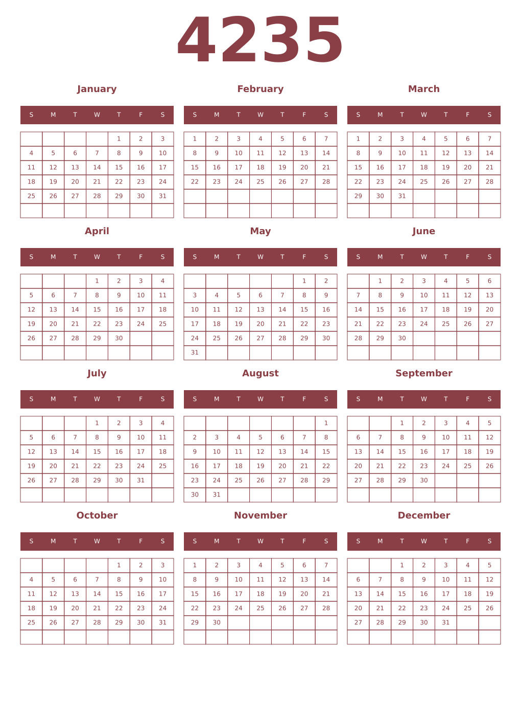 Printable 4235 Year Calendars cordovan