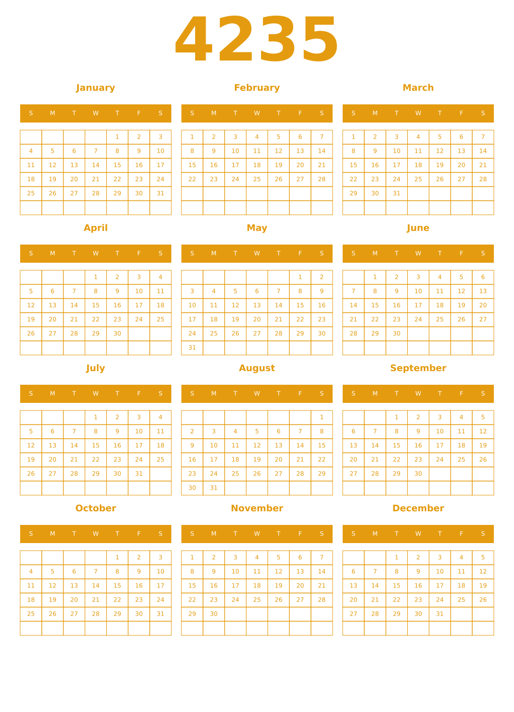 Printable 4235 Year Calendars gamboge