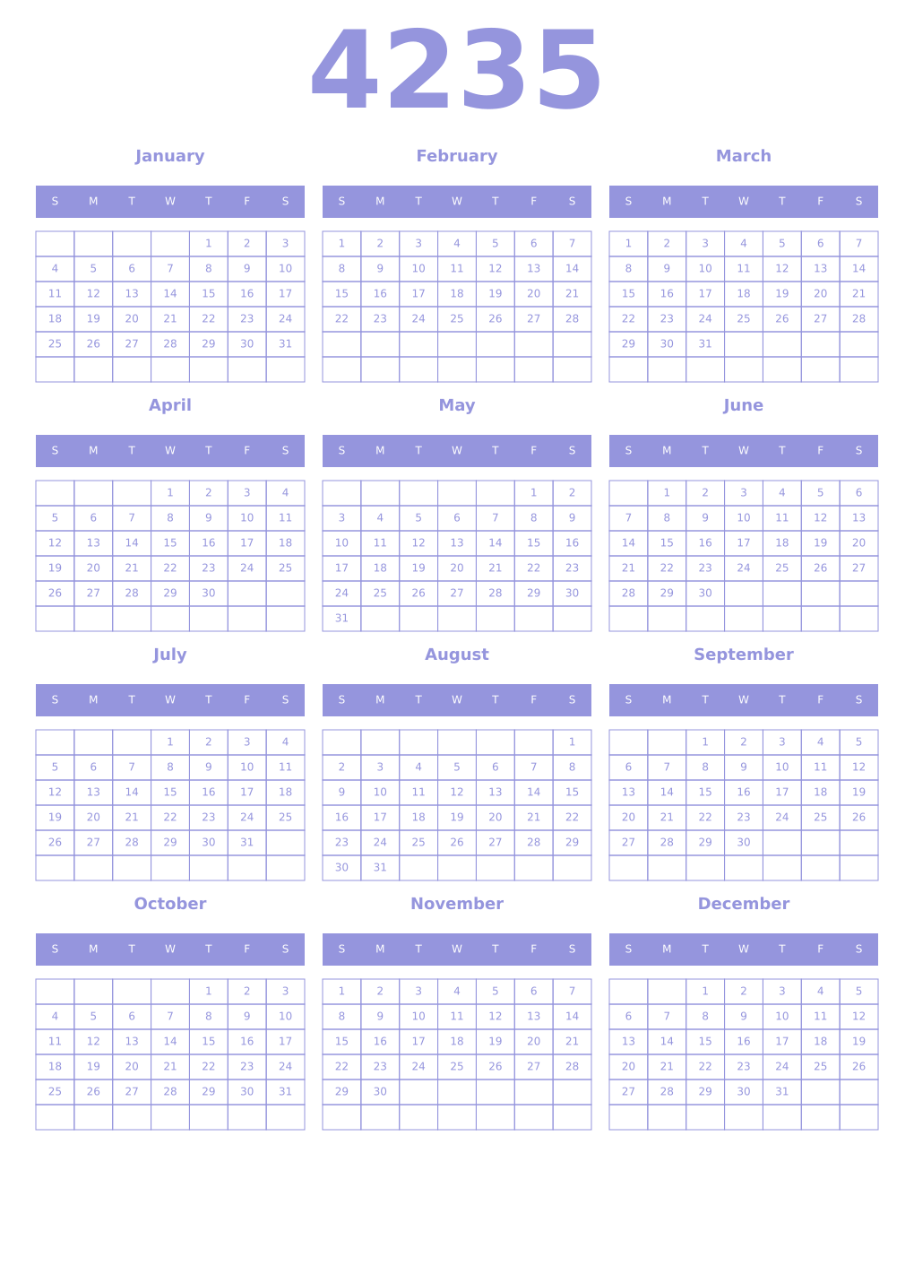 Printable 4235 Year Calendars periwinkle