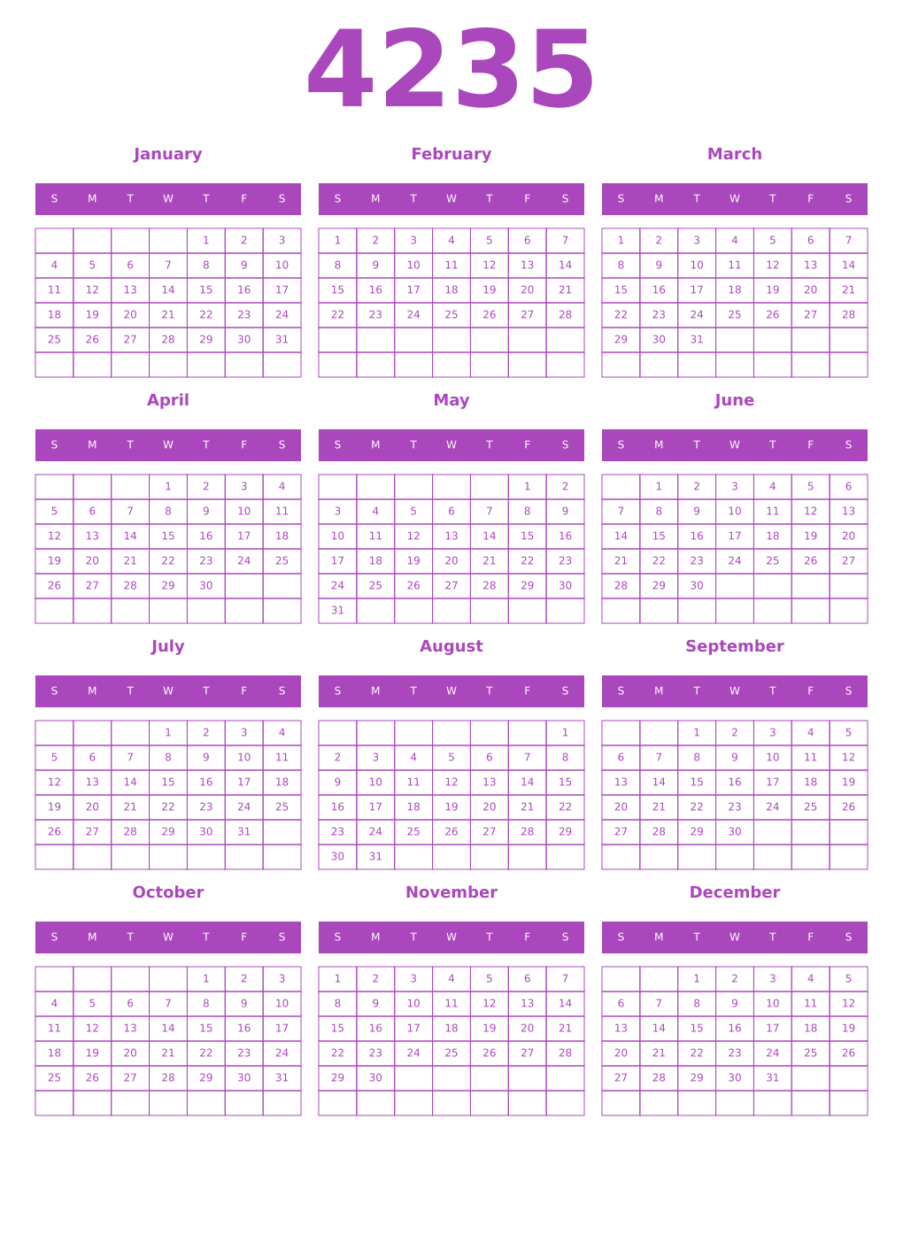 Printable 4235 Year Calendars purple