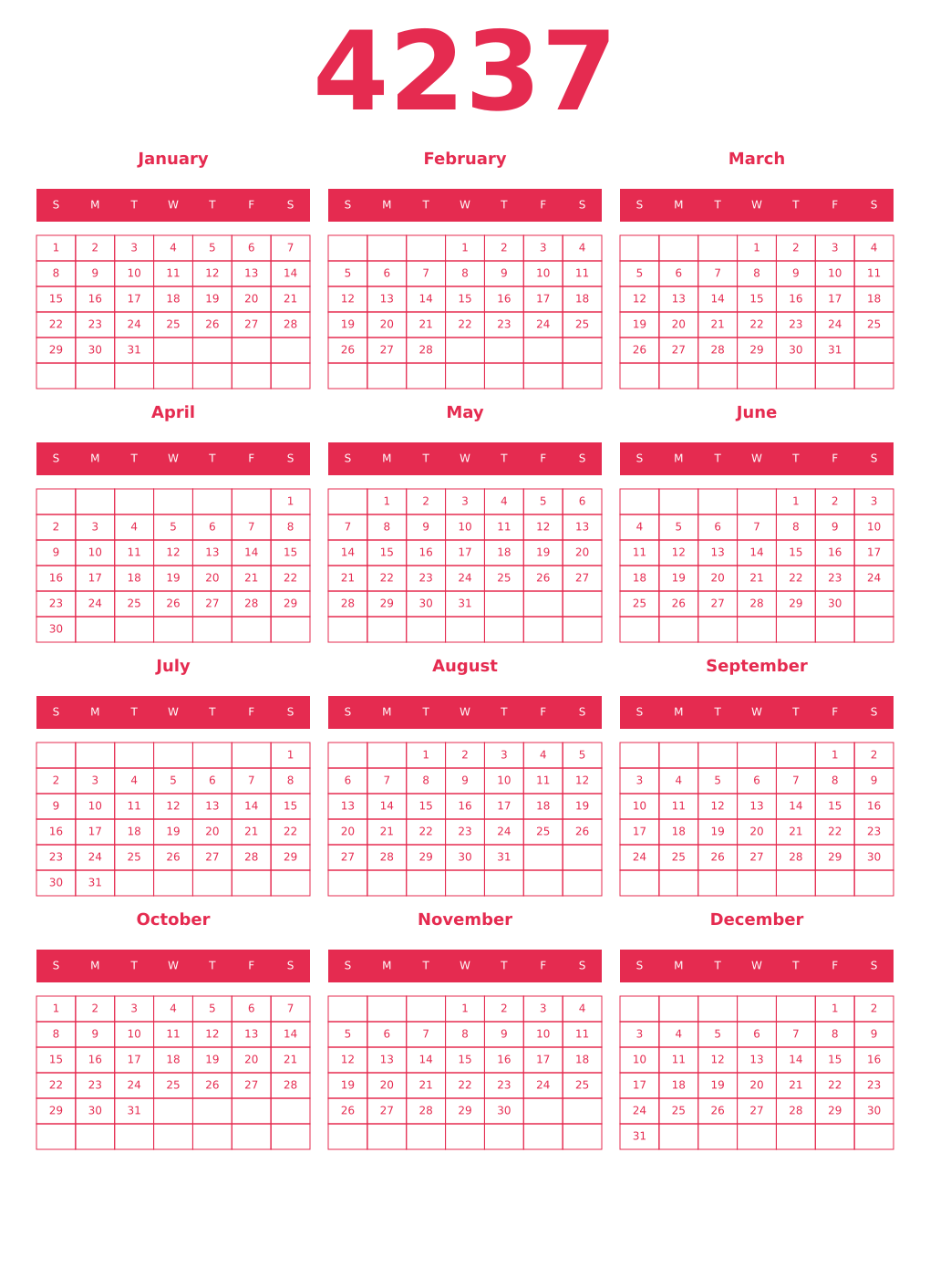 Printable 4237 Year Calendars amaranth