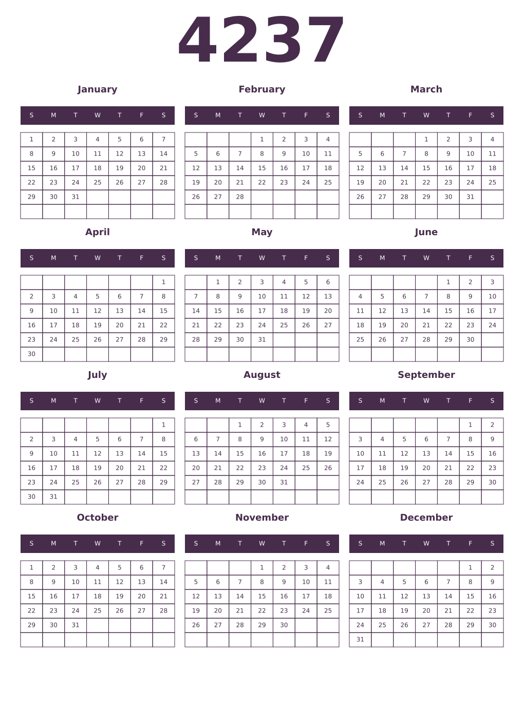 Printable 4237 Year Calendars aubergine