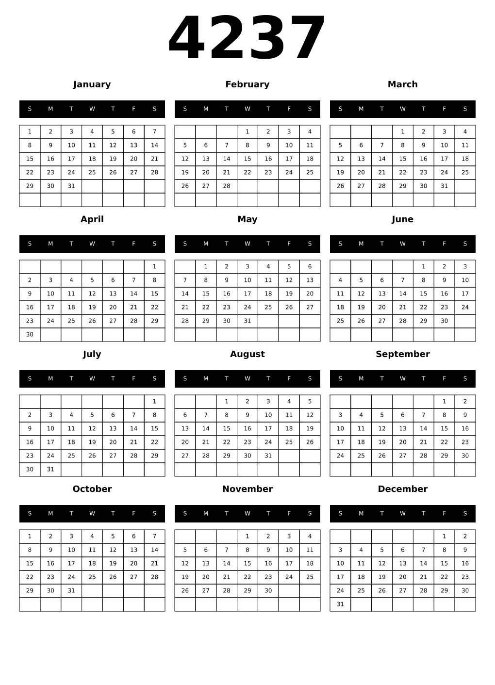 Printable 4237 Year Calendars black