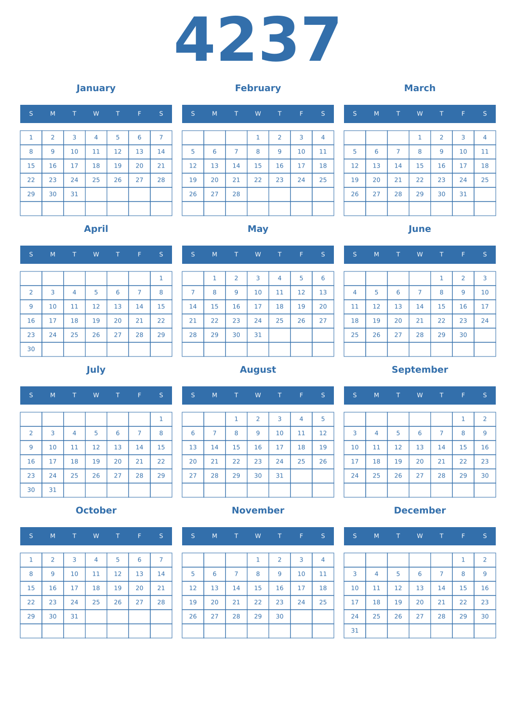Printable 4237 Year Calendars blue