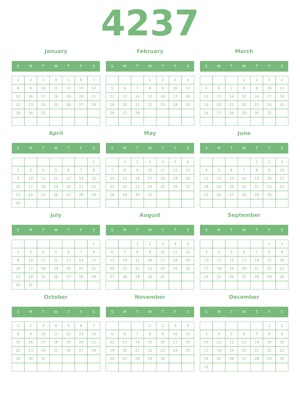 Printable 4237 Year Calendars celadon
