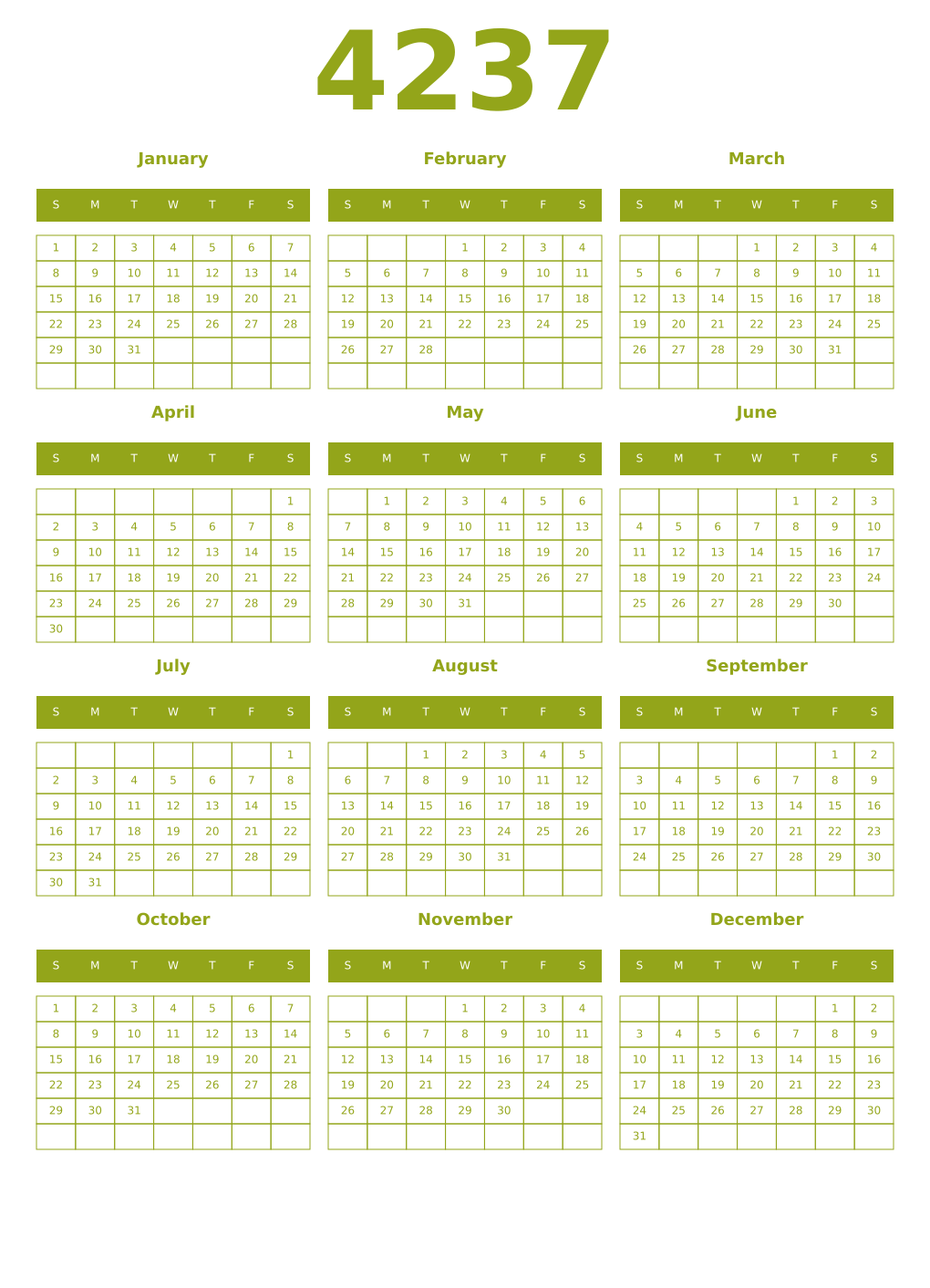 Printable 4237 Year Calendars chartreuse