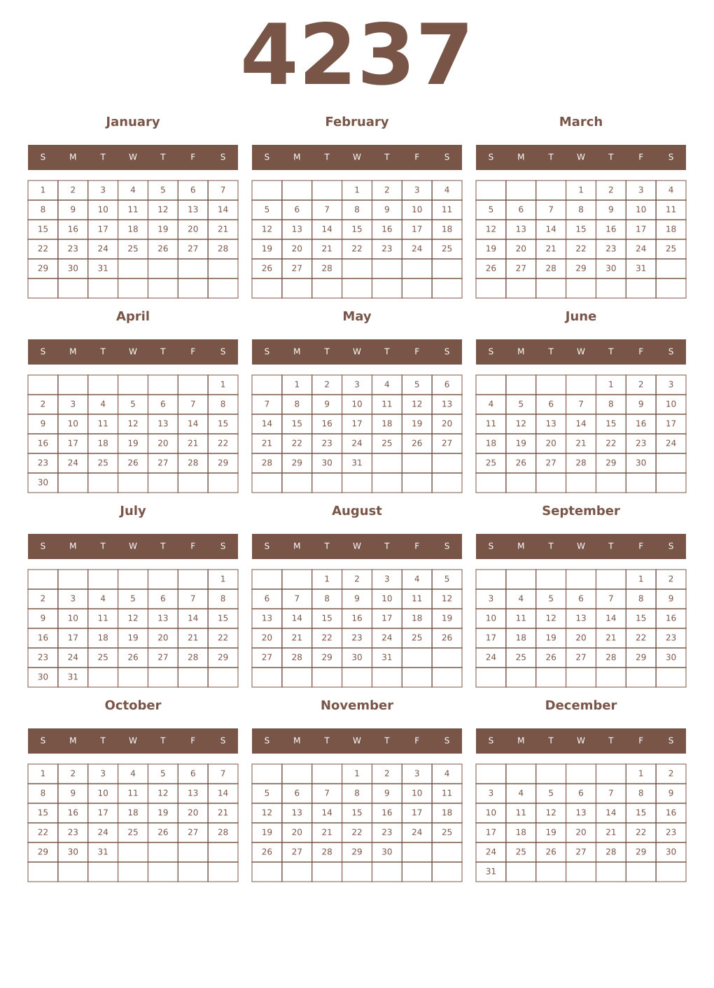 Printable 4237 Year Calendars coffe
