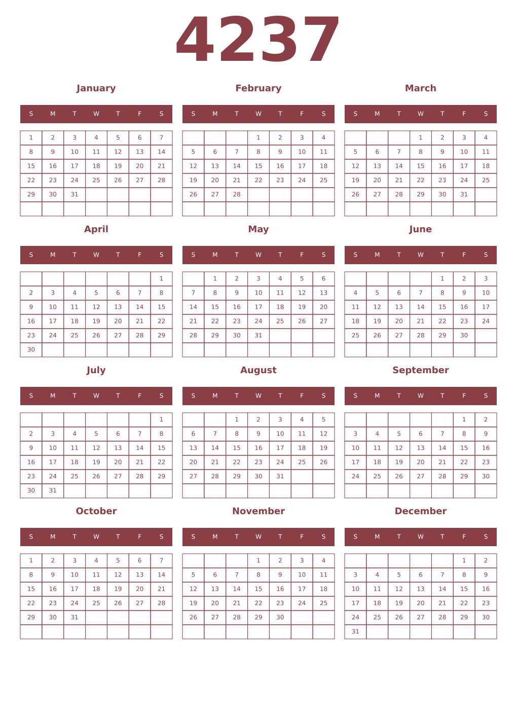 Printable 4237 Year Calendars cordovan