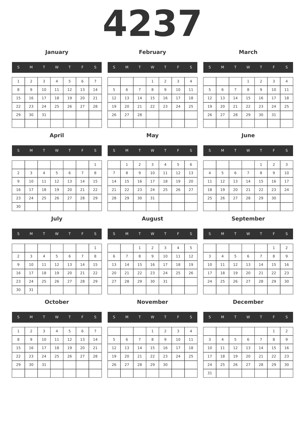 Printable 4237 Year Calendars dark