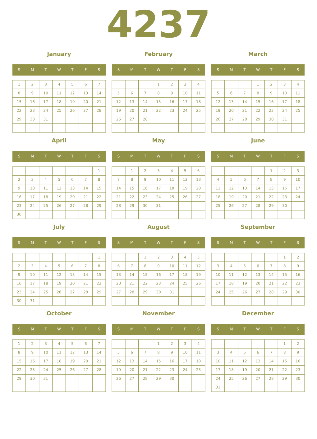 Printable 4237 Year Calendars eburnean