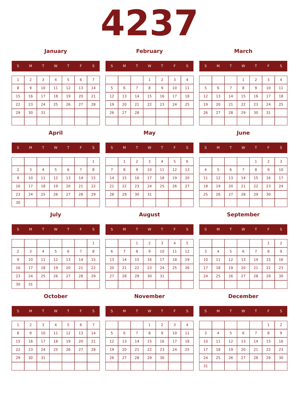 Printable 4237 Year Calendars falu