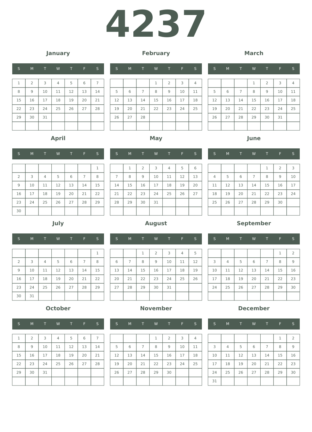 Printable 4237 Year Calendars feldgrau