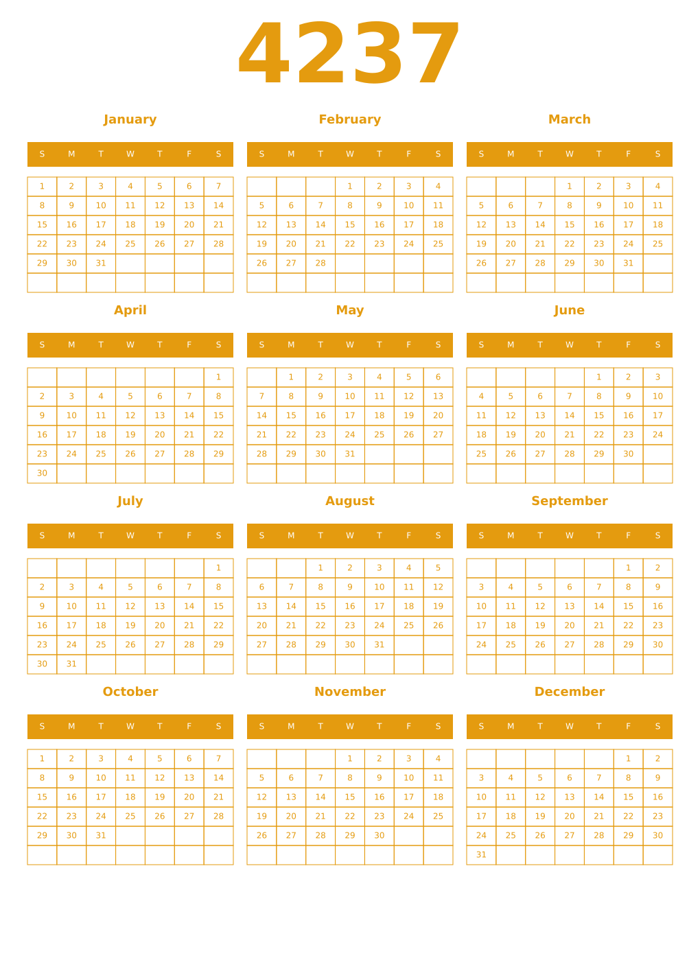 Printable 4237 Year Calendars gamboge