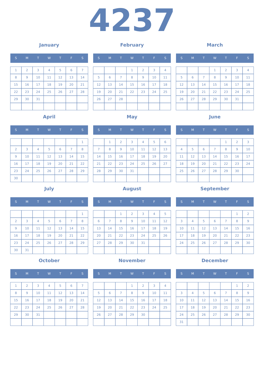 Printable 4237 Year Calendars glaucous