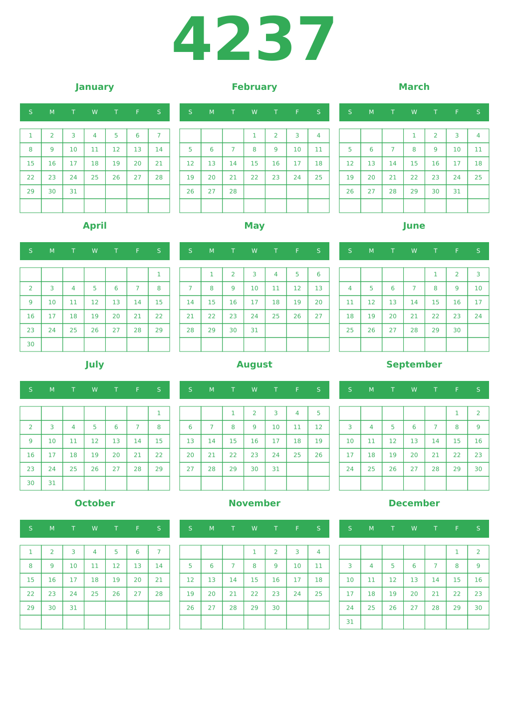 Printable 4237 Year Calendars green