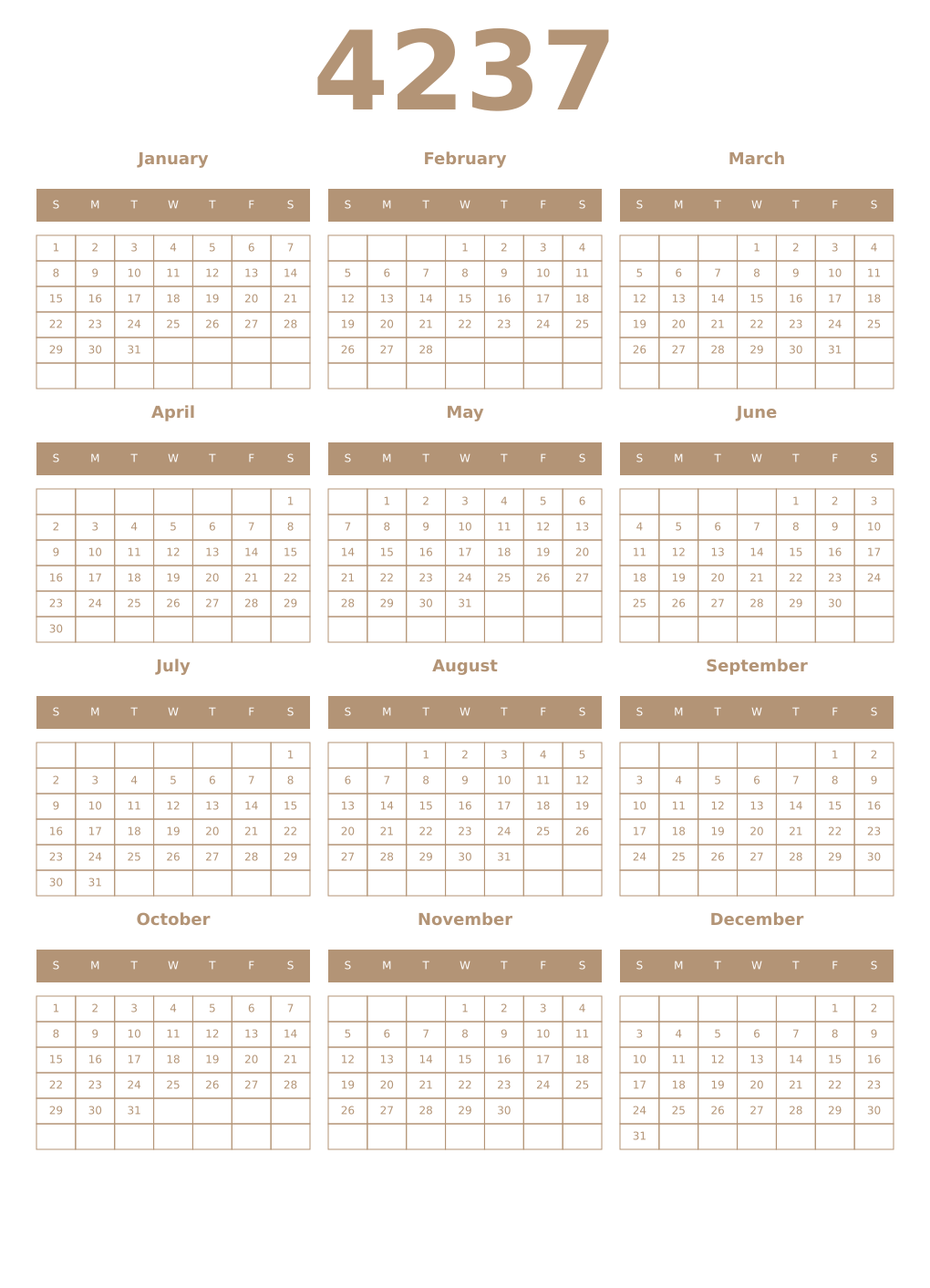 Printable 4237 Year Calendars isabelline